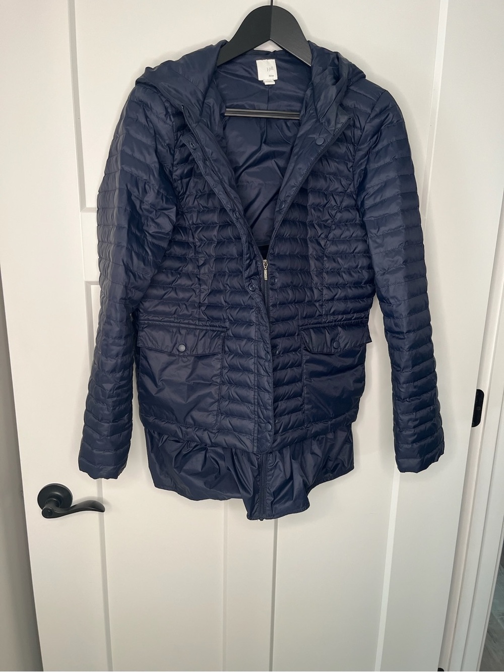 J Jill Navy Quilted Hooded Puffer Ruffle Down Coat Size Medium